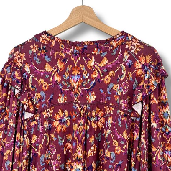 New Democracy Ruffle Collar Floral Print Knit Shirt Plus Size 3X Berry Purple - Picture 8 of 11